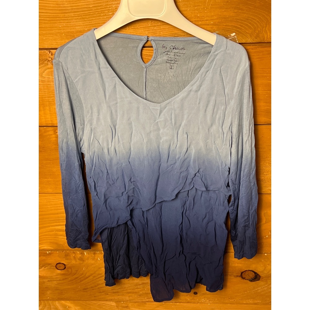 Chico's Ombre Blue Tiered Ruffle V-Neck Long Sleeve Tunic Top Size 0 Party NEW